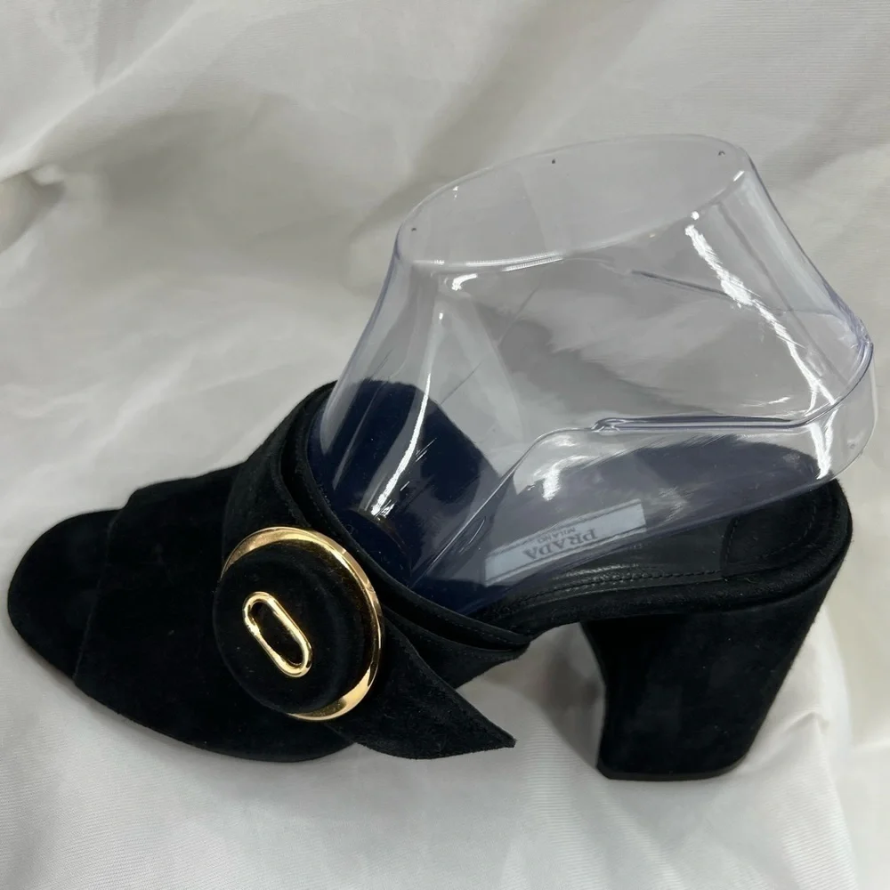 PRADA MILANO BLACK SUEDE CHUNKY HEEL SANDAL BLACK SIZE 37 EUR SIZE 6.5 US - Picture 15 of 16